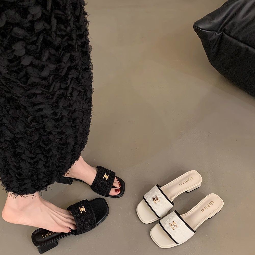 法式小香风高跟拖鞋仙女风粗跟小凉拖女鞋夏季配裙子一字拖凉鞋子