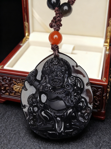 天然黑曜石黄财神吊坠密宗财神大黑天项链挂件吉祥饰品