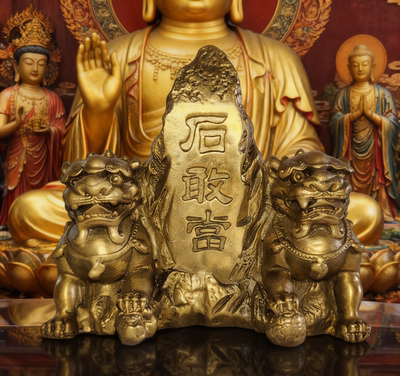 纯铜泰山石敢当摆件小摆件房屋补缺角路冲黄铜双狮狮子摆件