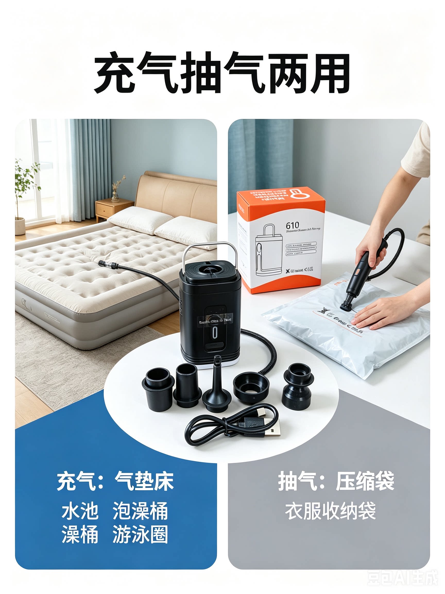 锂电池充气泵充气床垫便携式户外充气泵家用吸气泵压缩袋抽气泵