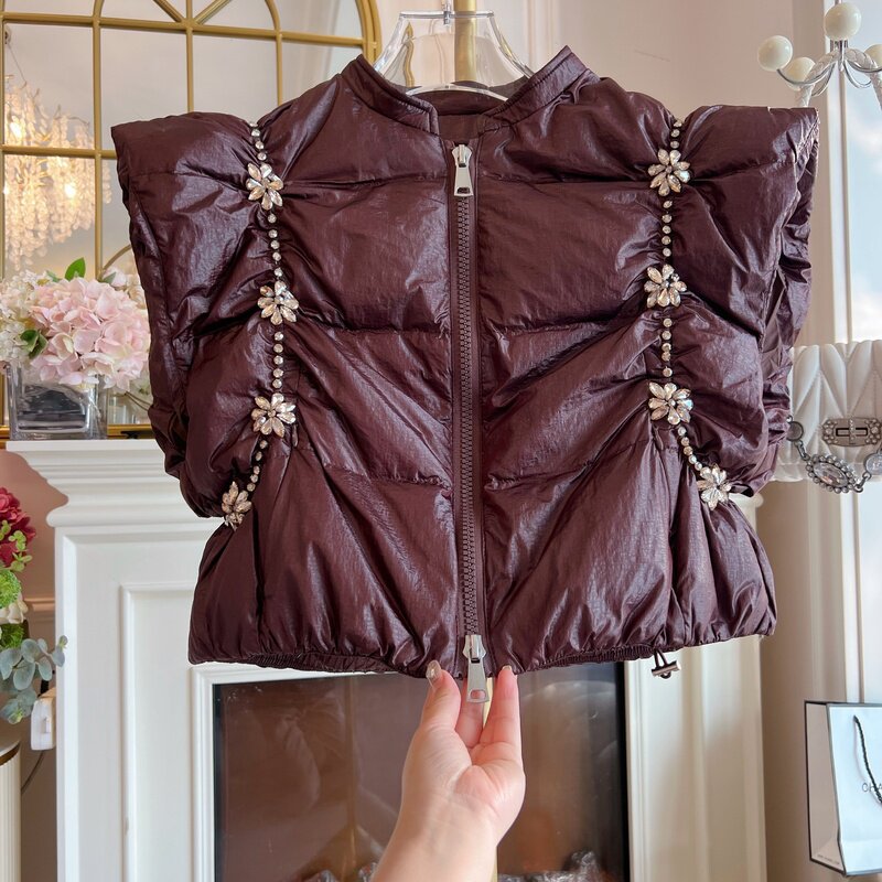鸭绒羽绒服马甲外套女2024年秋冬飞飞袖重工镶钻马夹坎肩棉袄背心