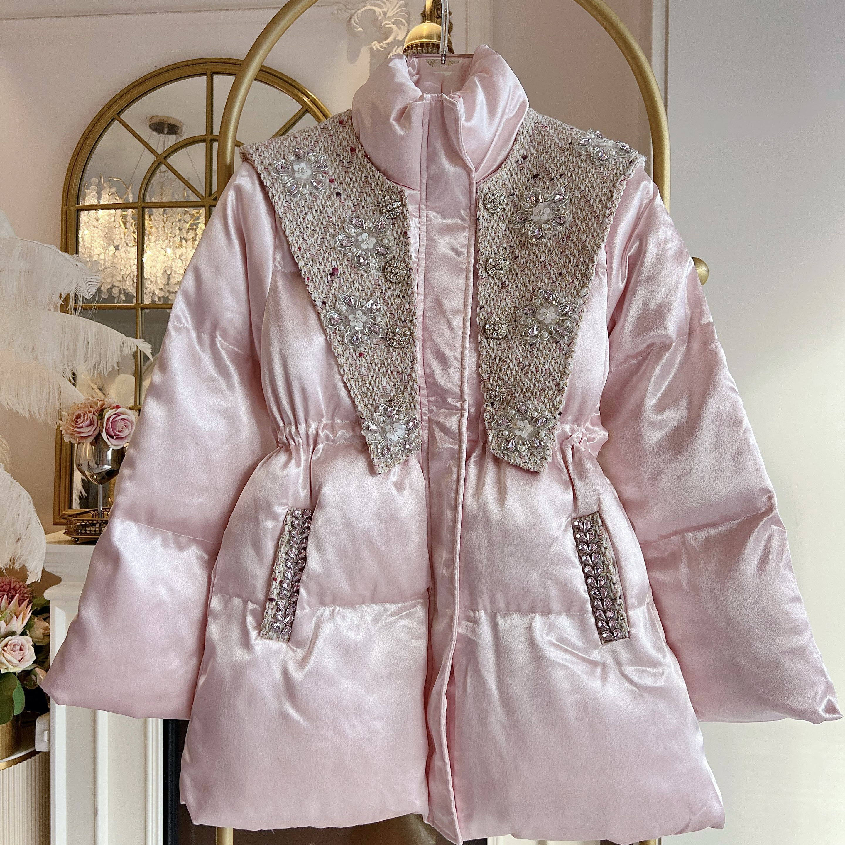 小香风立领拼接棉服外套2025冬季加厚保暖棉衣面包服宽松镶钻棉袄