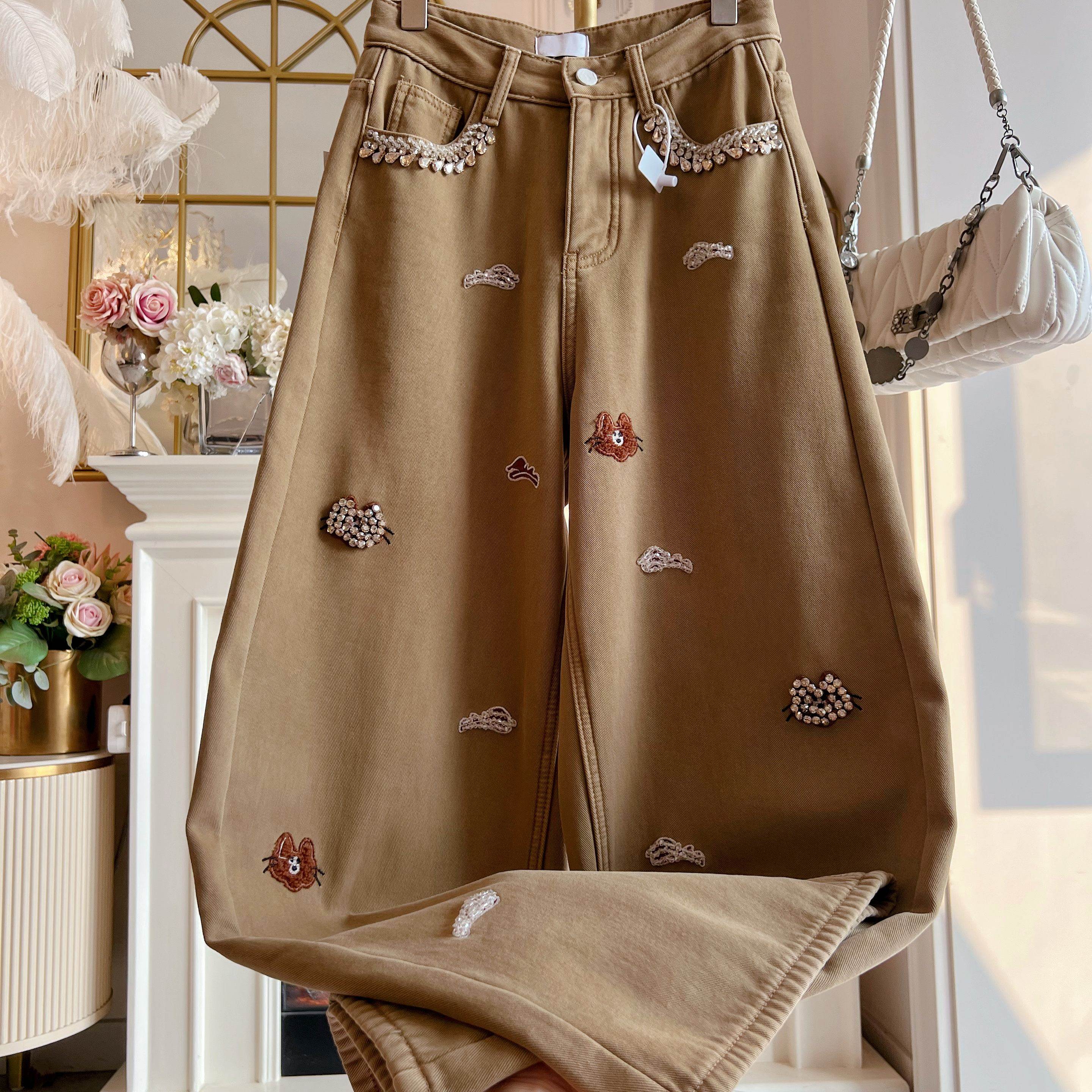 2025年冬季港味风重工镶钻刺绣复古直筒裤高腰显瘦加绒牛仔裤女装