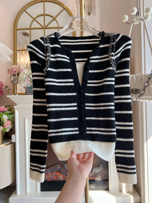 复古条纹假两件针织衫外套女装2026年设计感重工镶钻时尚毛衣开衫