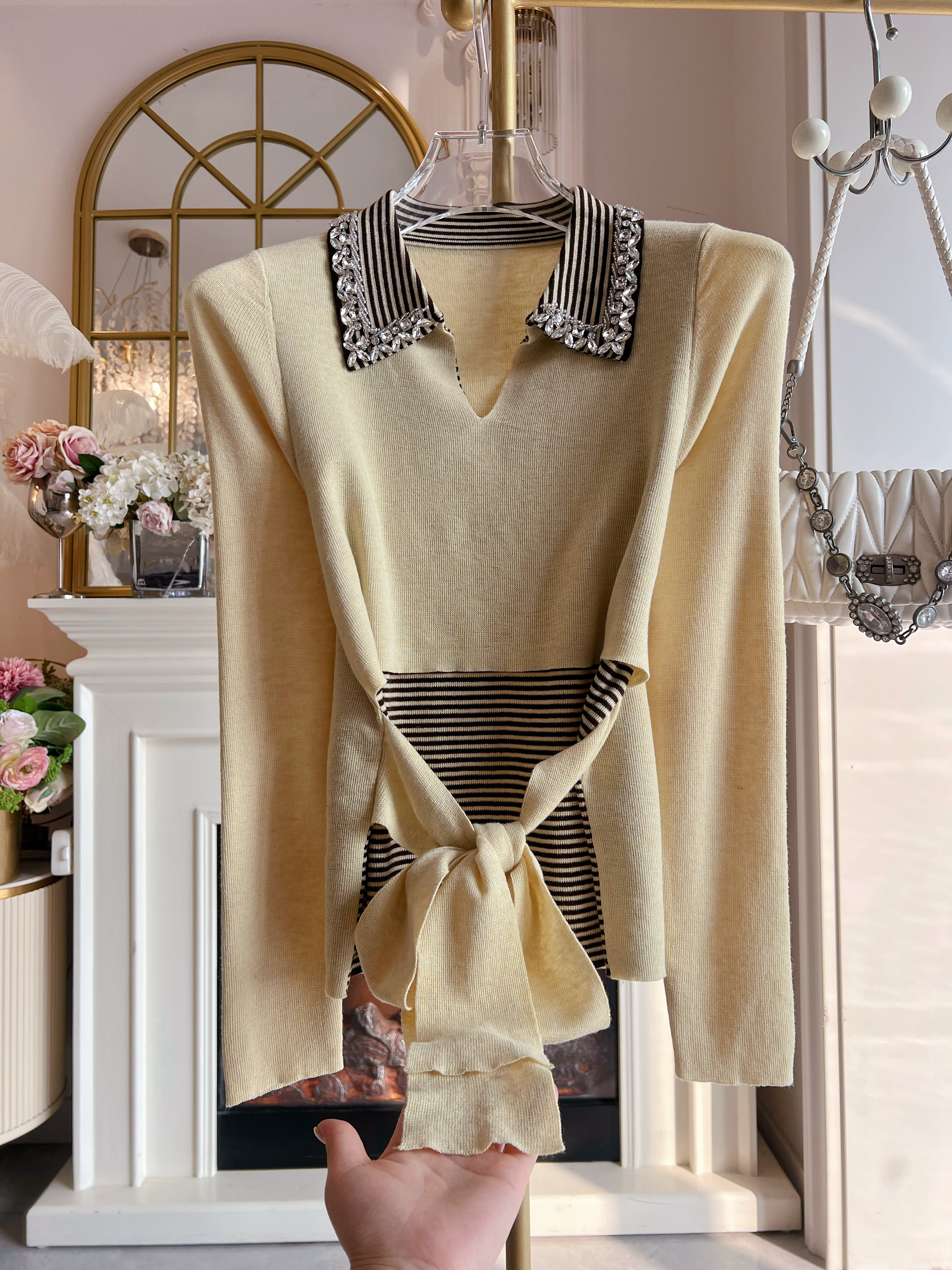 2026年春季重工镶钻条纹拼接假两件长袖修身打底上衣t恤毛衣女装