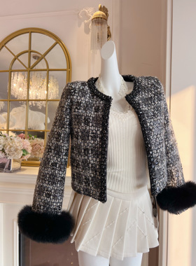 名媛气质黑色粗花毛呢短外套女羽绒内胆加厚狐狸毛镶钻小香风开衫