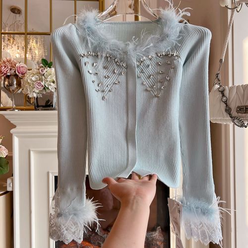 蓝色修身显瘦打底衫毛衣女设计感拼接蕾丝边鸵鸟毛长袖镶钻针织衫