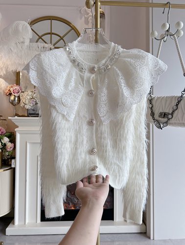 2025年秋冬新款重工镶钻蕾丝荷叶边水貂绒毛衣外套宽松长袖针织衫