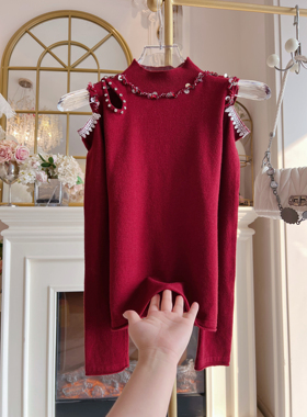 复古红色针织衫女2026年春季新款重工镶钻镂空露肩时尚套头打底衫