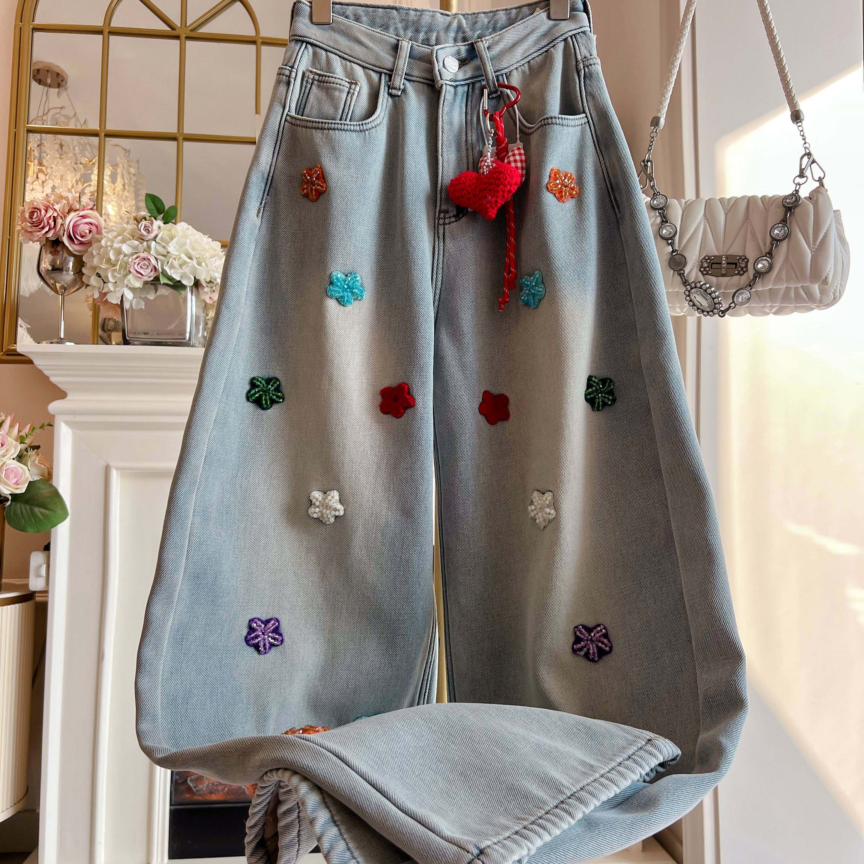 2025年冬季高腰显瘦拼接羊羔绒串珠小雏菊直筒裤加绒加厚牛仔裤女