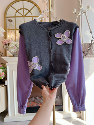 2026年春季宽松单排扣针织衫开衫重工镶钻小雏菊百搭宽松外套女装