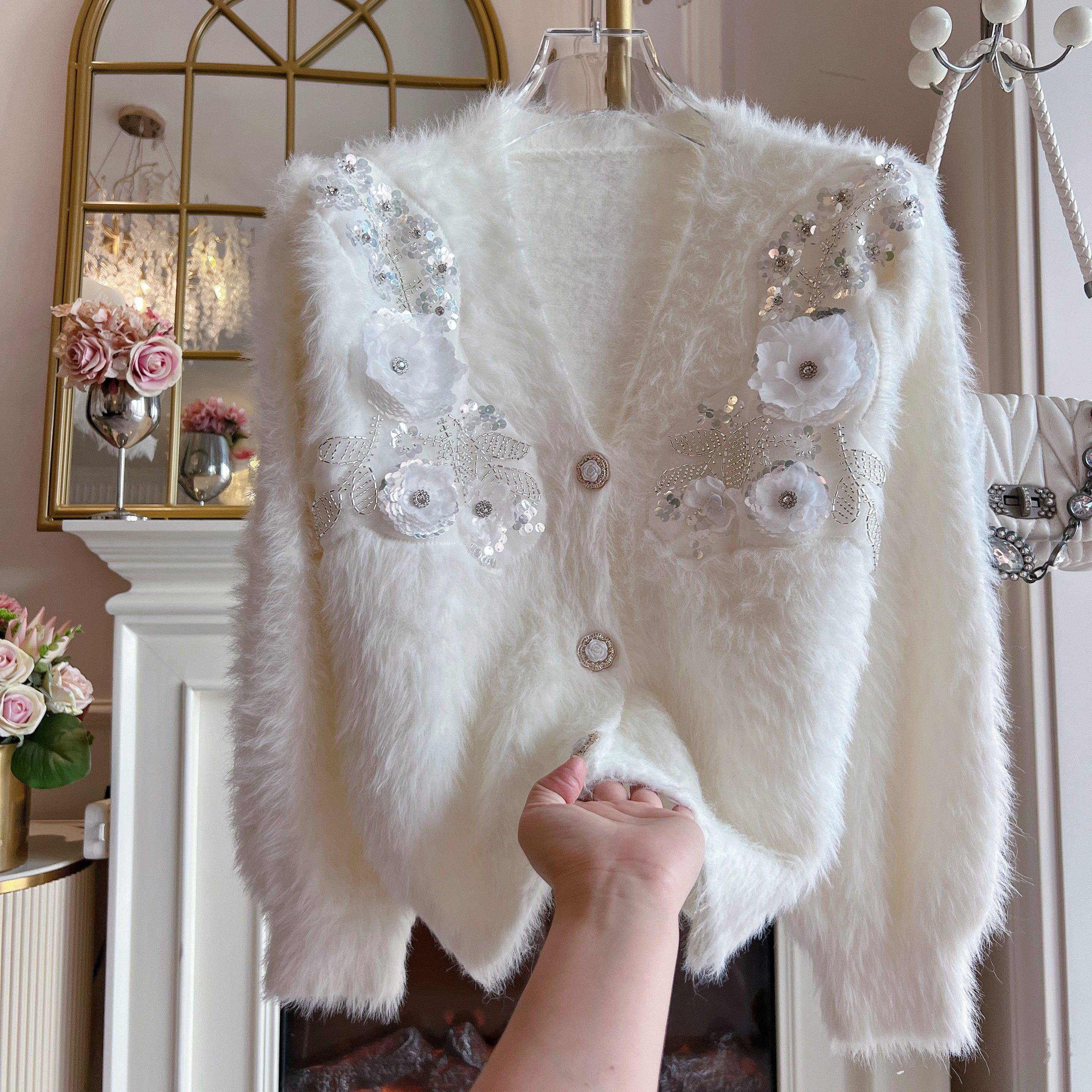 冬季新款宽松v领重工镶钻气质白色水貂绒长毛加厚毛衣外套女冬季