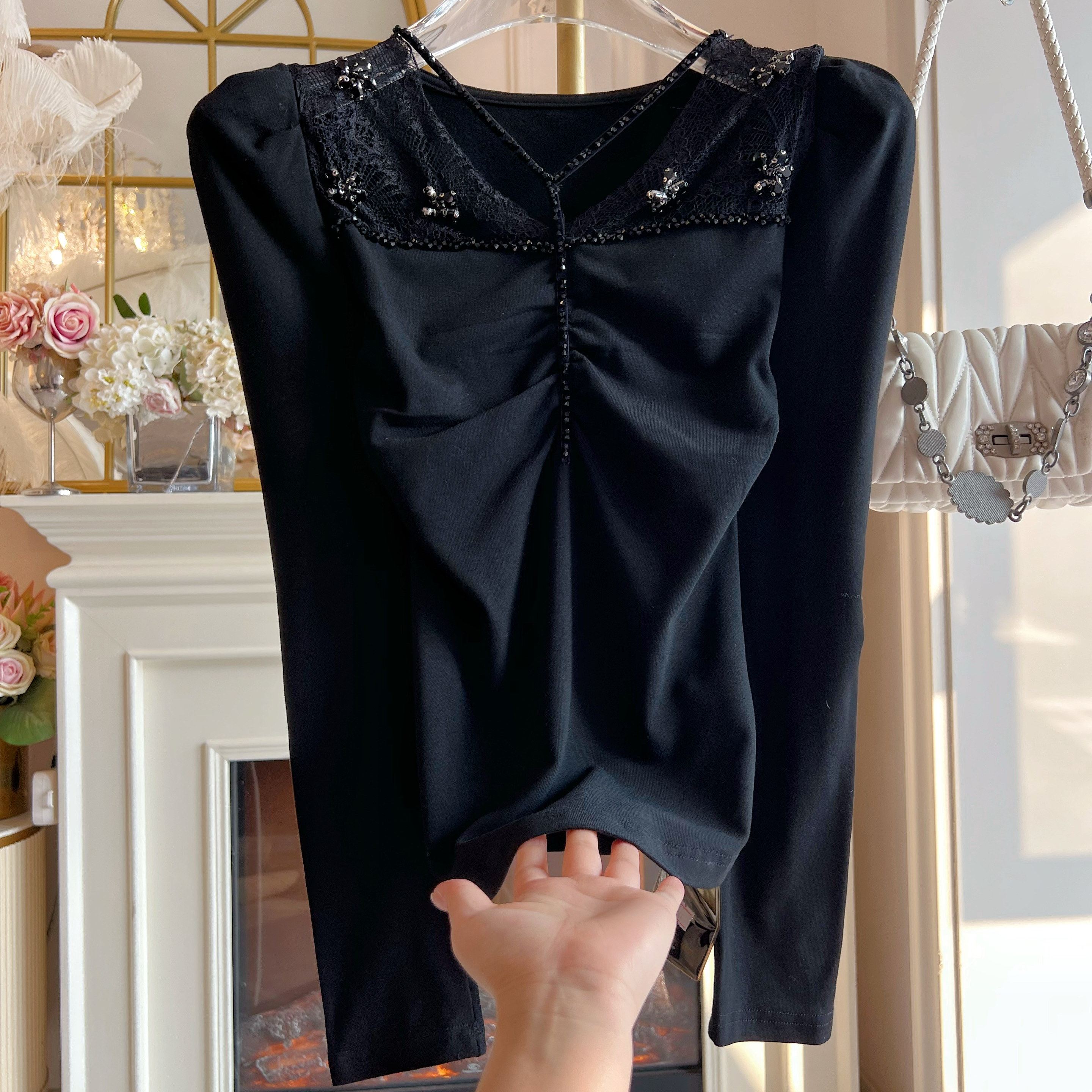名媛风气质黑色打底衫上衣女装重工镶钻拼接蕾丝边修身显瘦小衫