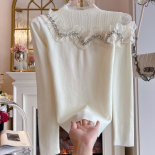 女装 设计感斜肩宽松套头毛衣打底衫 针织衫 修身 重工镶钻荷叶边长袖