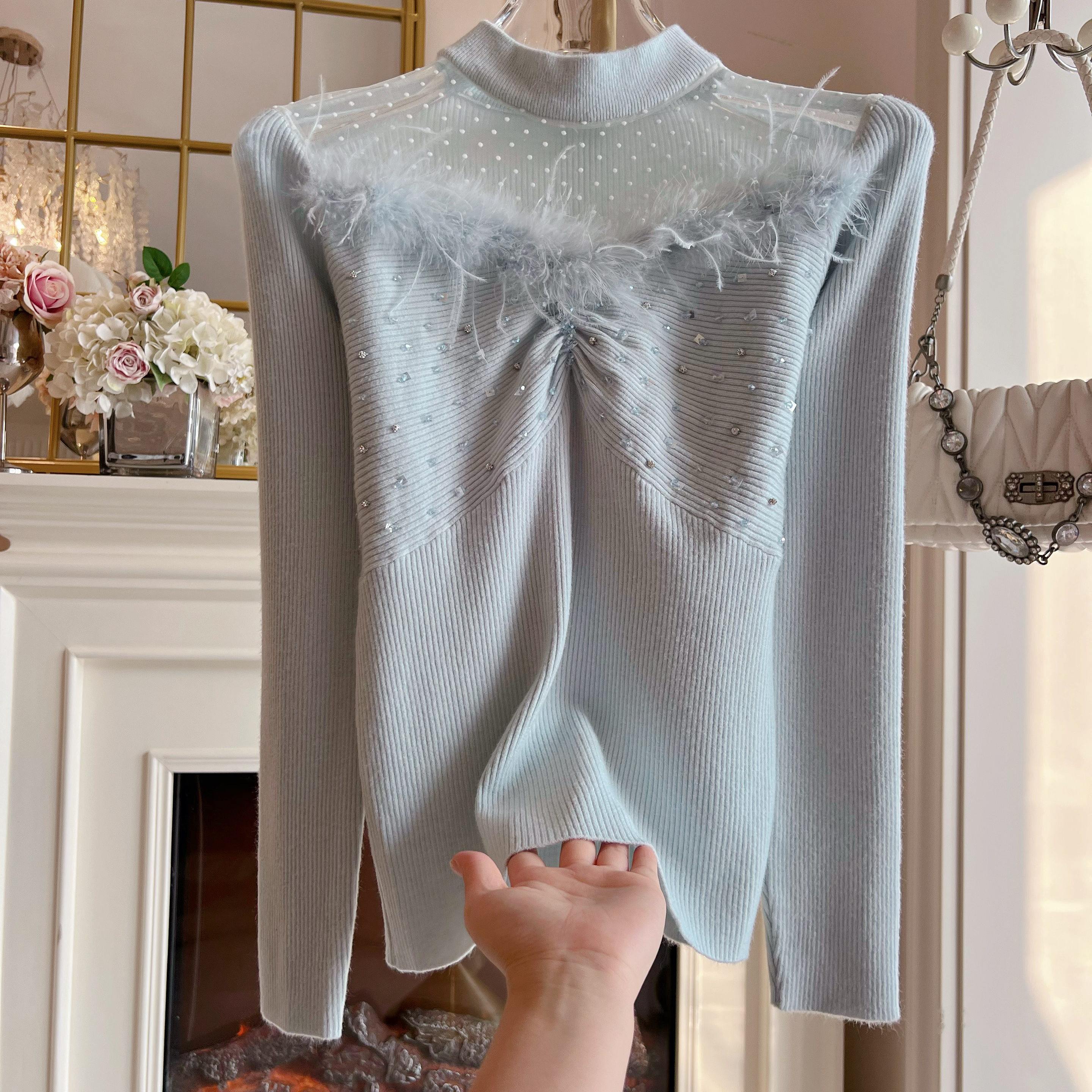 台湾货宽松套头网纱打底衫毛衣女装法式小众甜美鸵鸟毛长袖针织衫