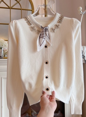原创设计毛衣女装2025年秋季新款重工镶钻丝巾网红同款针织衫开衫