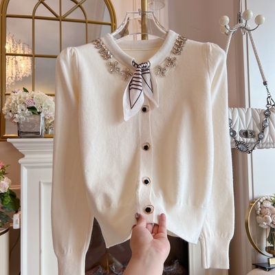 原创设计毛衣女装2025年秋季新款重工镶钻丝巾网红同款针织衫开衫