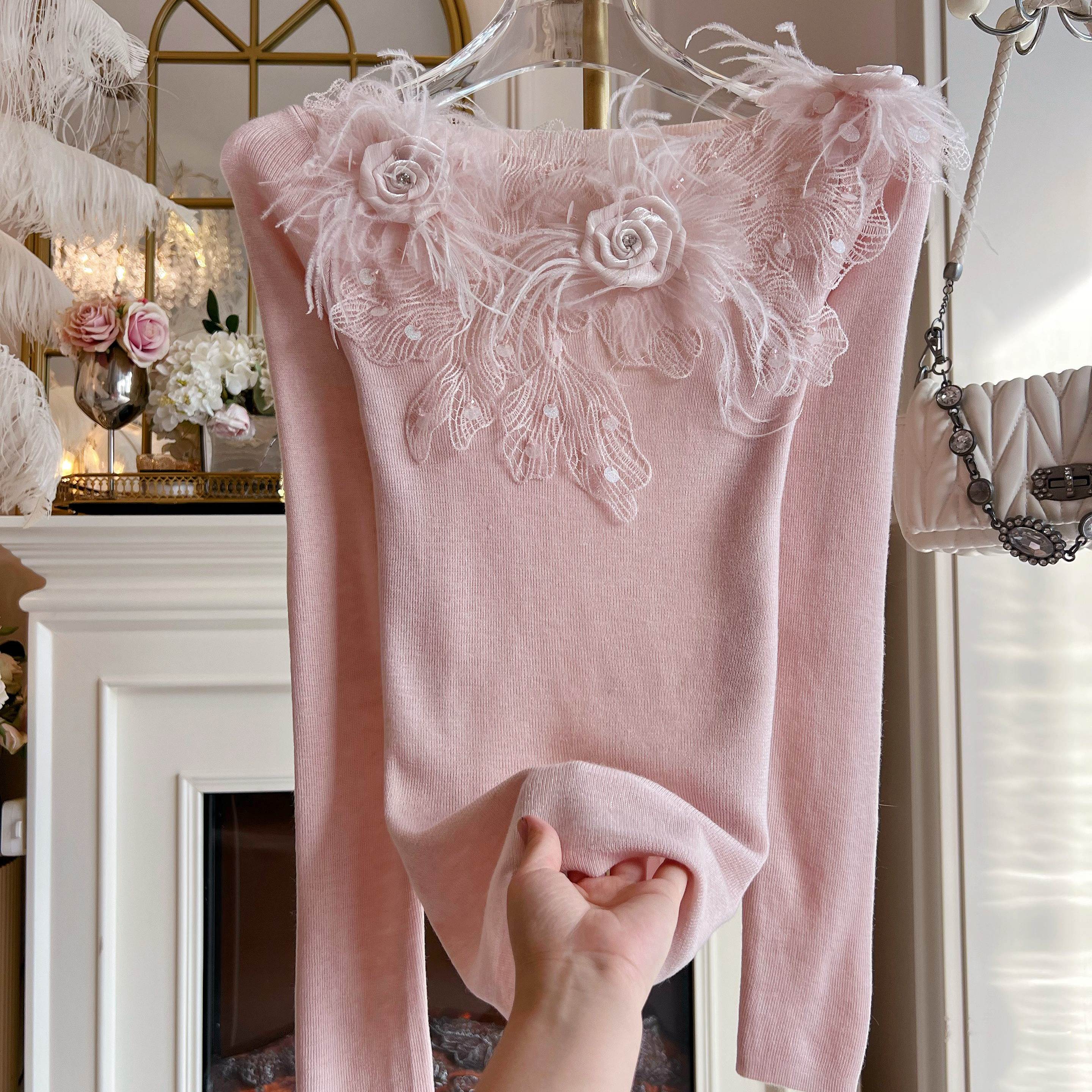 温柔风气质白搭针织衫女装设计感重工亮片羽毛修身显瘦纯欲风毛衣