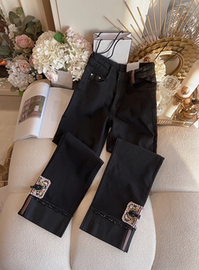 黑色九分裤直筒裤女春2024年新中式国风高腰显瘦镶钻牛仔裤烟管裤