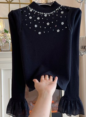 台湾货2025年冬季重工镶钻黑色高领镂空内搭针织衫喇叭袖毛衣女装
