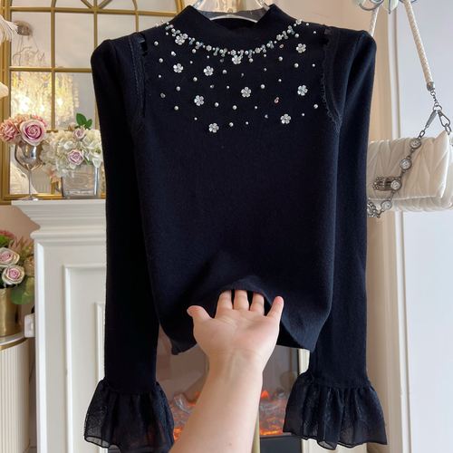 台湾货2025年冬季重工镶钻黑色高领镂空内搭针织衫喇叭袖毛衣女装