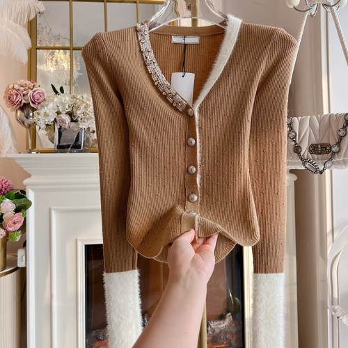 重工镶钻纯欲风修身显瘦肌理感针织衫女拼接水貂绒v领毛衣打底衫