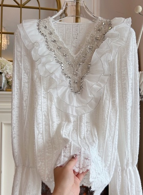 羊毛蕾丝衫上衣女装秋冬新款重工镶钻荷叶边宽松v领气质百搭衬衣