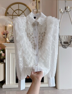 韩国设计感重工镶钻蕾丝衫 2025年秋冬翻领荷叶边气质衬衣 上衣女装