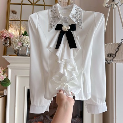 名媛风气质白色荷叶边衬衣女装重工镶钻翻领蝴蝶结甜美宽松雪纺衫