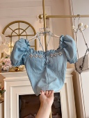 衬衫 复古蓝色衬衣女装 2024年原创设计小心机重工镶钻方领抽绳短袖