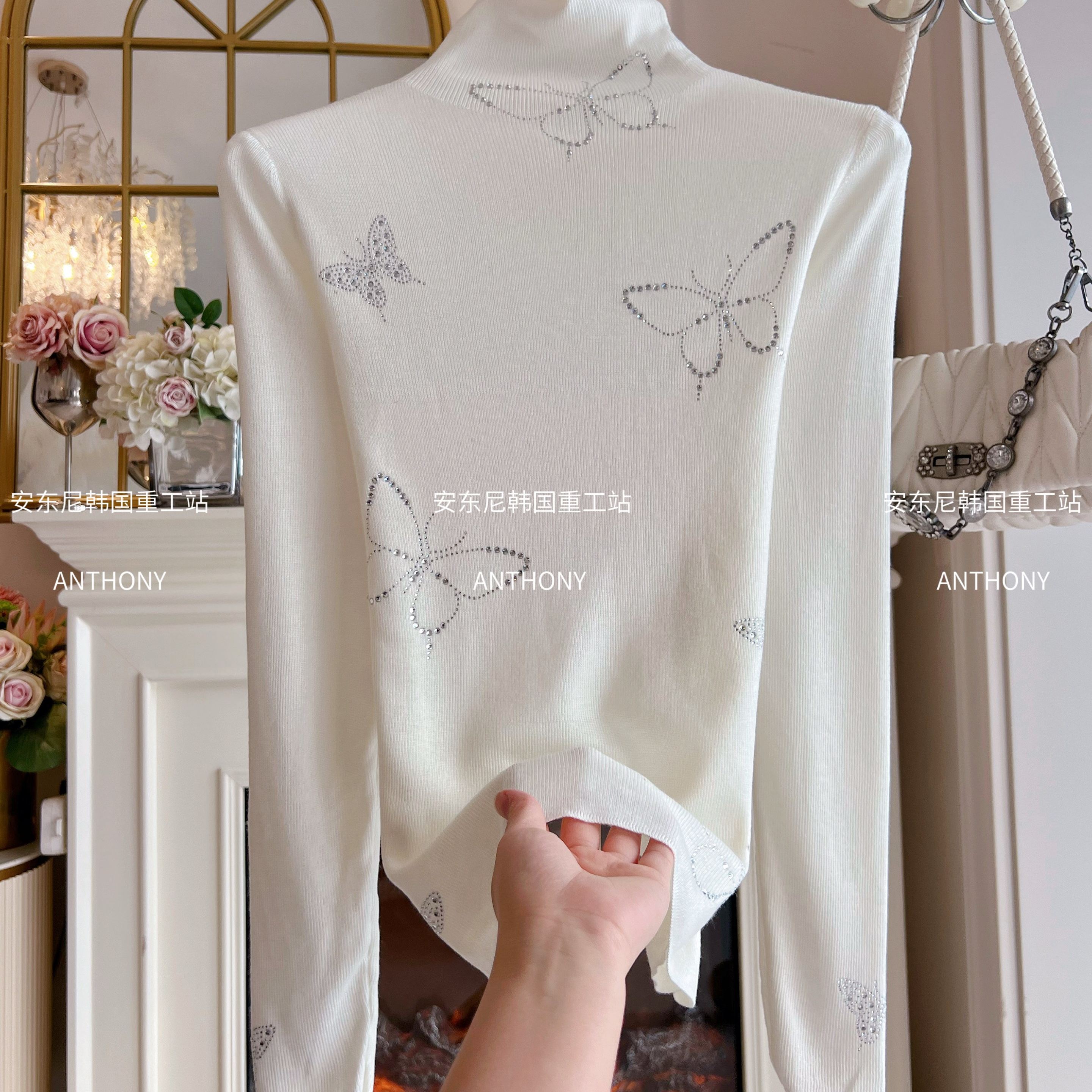 高领修身显瘦打底衫上衣女装设计感重工烫钻蝴蝶结长袖弹力针织衫