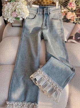 加绒牛仔裤女装2024年冬季气质高腰显瘦镶钻拼接木耳边烟管直筒裤