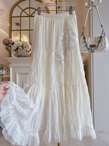 褶皱垂感半身裙女2026年春季新款重工镶钻高腰显瘦百褶a字裙长裙