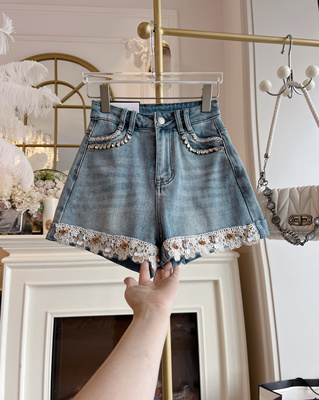 2025年韩国设计感重工镶钻牛仔短裤高腰显瘦复古蓝色阔腿裤女装夏