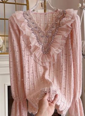 宽松v领荷叶边蕾丝衫上衣女设计感重工镶钻羊毛秋冬甜美时尚衬衣