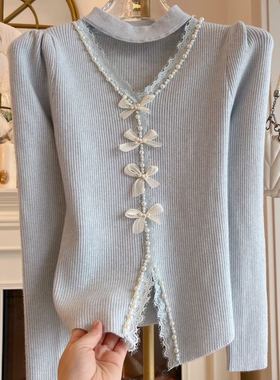 温柔风气质针织衫打底上衣女2024年冬季重工钉珠挂脖修身显瘦毛衣