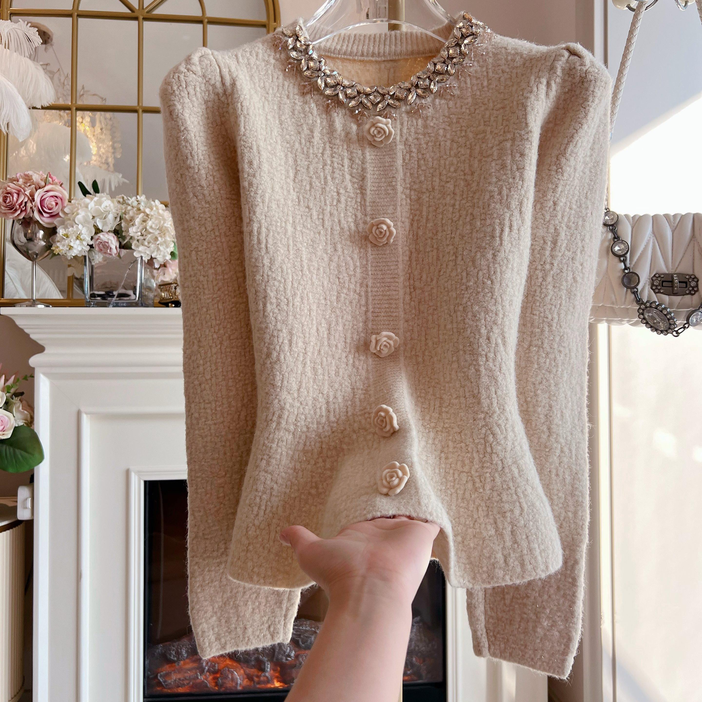 韩国设计感重工镶钻加厚毛衣宽松套头收腰显瘦玫瑰扣针织衫女装