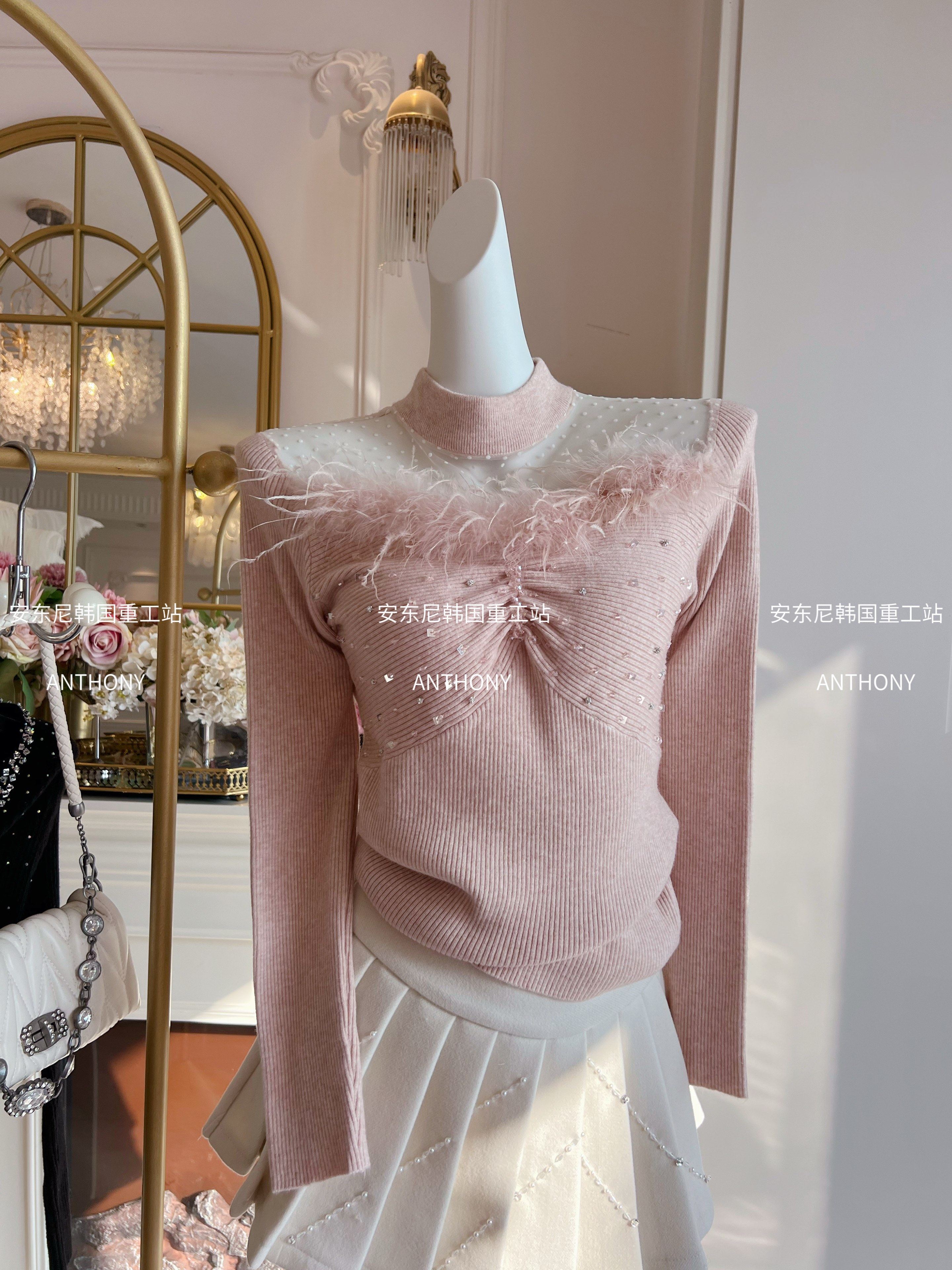 法式小众甜美气质针织衫设计感重工羽毛拼接网纱鸵鸟毛毛衣女装