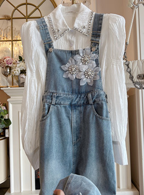 2025年秋季原创重工镶钻牛仔背带裙女高腰显瘦气质白色衬衣两件套