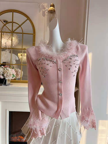 法式优雅粉色针织衫女装重工镶钻设计感修身显瘦长袖鸵鸟毛毛衣