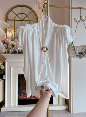 宫廷风气质白色雪纺衫衬衣性感领带v领宽松长袖泡泡袖打底衫衬衫