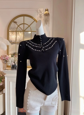 小香风法式小众气质黑色针织衫女装设计感重工钉珠泡泡袖打底毛衣