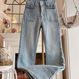 重工镶钻气质高腰显瘦微喇叭裤 2025年秋冬新款 女装 加绒加厚牛仔裤