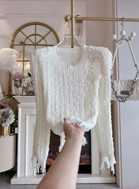 台湾货2025年秋季新款重工镶钻流苏针织衫女圆领套头毛衣上衣小衫