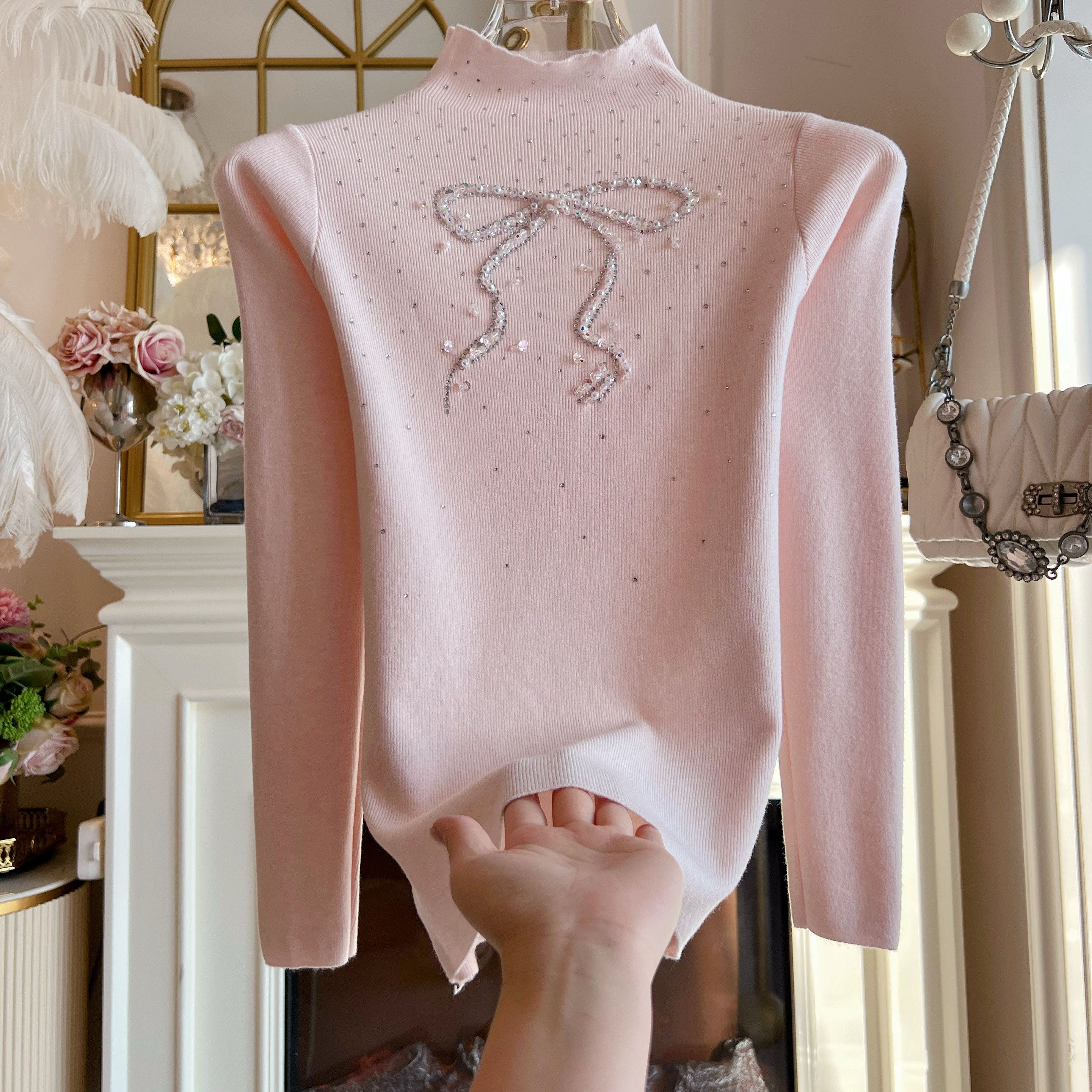 台湾货2025年秋冬新款高温烫钻蝴蝶结高领打底衫舒适长袖针织衫女