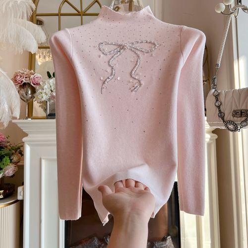 台湾货2025年秋冬新款高温烫钻蝴蝶结高领打底衫舒适长袖针织衫女