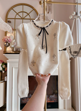 2026年春季新款重工镶钻毛衣女装宽松套头蝴蝶结长袖软糯糯针织衫