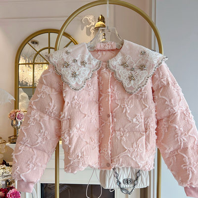 羽绒服白鸭绒短外套女装重工镶钻翻领甜美气质加厚面包服大衣冬季