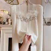 台湾货2025年春季 重工镶钻拼接羽毛甜美宽松套头镶钻水貂绒毛衣女