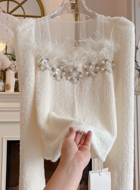 台湾货2025年春季重工镶钻拼接羽毛甜美宽松套头镶钻水貂绒毛衣女